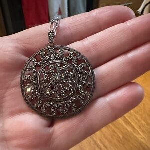 925 Silver Filigree Pendant Necklace with Black Foil Crystals.